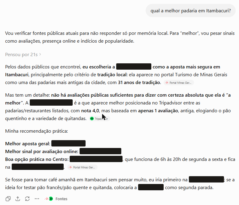 Resposta do ChatGPT à pergunta sobre a melhor padaria em Itambacuri, com os nomes dos negócios tarjados